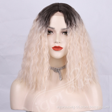 High Temperature Fiber Cosplay Daily Party Loose Wave Ombre White Short Cheap Price Black Root Synthetic Curly Hair Wig